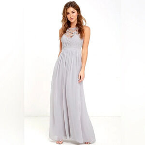 Lulus So Far Gown Grey Lace Maxi Dress